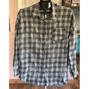 La Miel Womens Grunge Flannel Shirt Brown Blue Acid Wash Distressed Boho Small